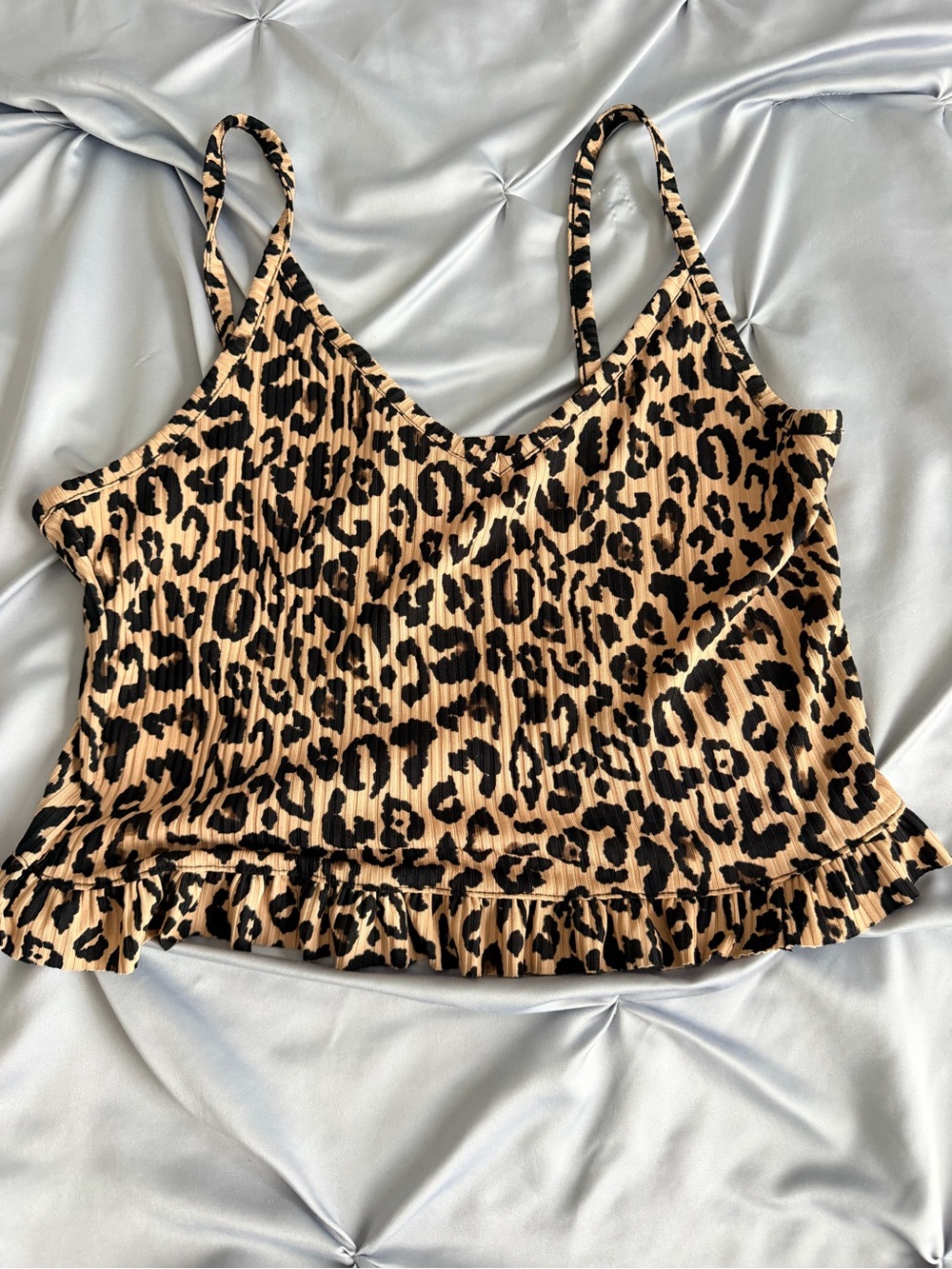 Leopard Print Ruffle-Hem Cami Tank Top - Beige/Black